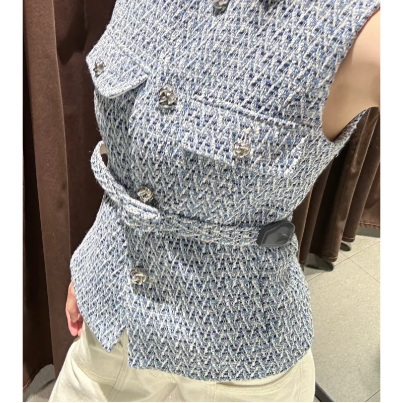

Spring New Arrival Women's Vest High End with Belt Decoration Metal Color Line Texture 23209 Ladies Faion Summer Polyeste...