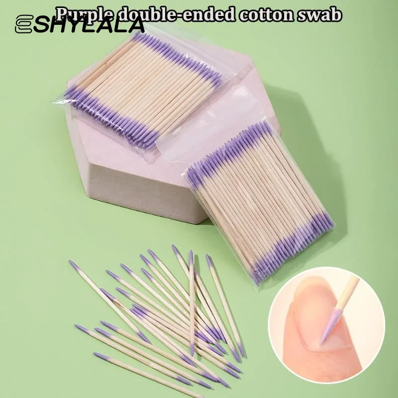 100/200/300/500 pçs prego cotonete de madeira de cabeça dupla varas de limpeza roxo duplo-ponto cabeça de algodão cotonete de limpeza removedor de esmalte