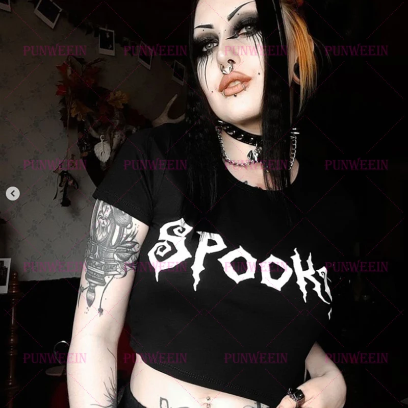 Spooky Daemon Gothic Punk Streetwear T-shirt Harajuku Zoet meisje Baby Tee Zomer Emo Meisjes Vintage kawaii Y2k 90s Party Crop Top