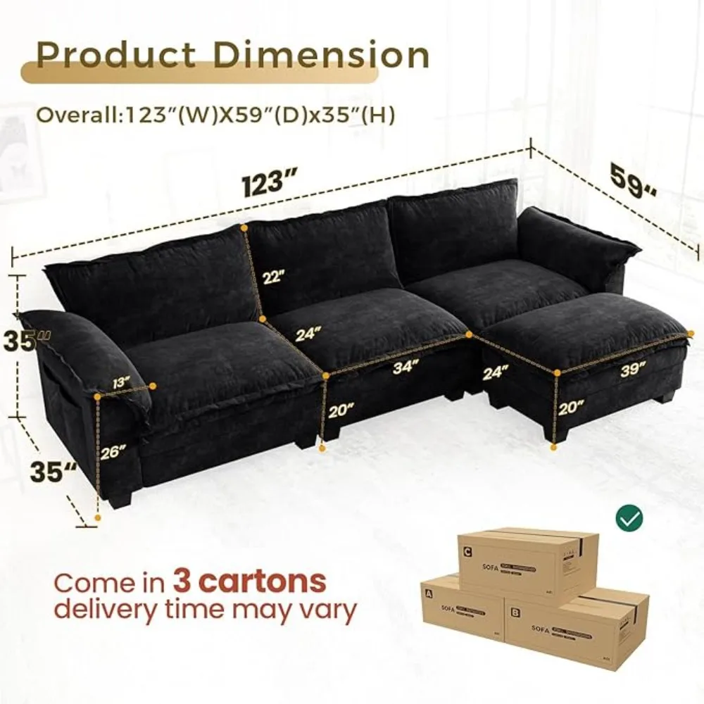 أريكة مقطعية مقاس 123 بوصة على شكل حرف L، أريكة سحابية مكونة من 4 مقاعد مع مسند، أرائك مقطعية من الشنيل لغرفة المعيشة