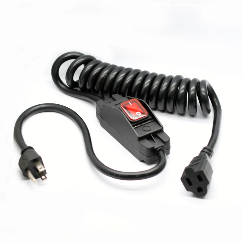 

Waterproof online switch spring wire power cord with red illuminated switch with 3 PIN USA plug NEMA 5-15P and NEMA 5-15R socket