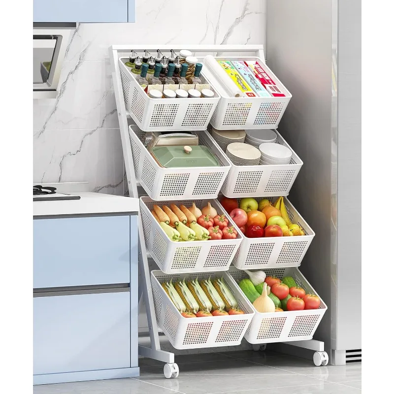 

Kitchen Storage Baskets Organizer Rolling Cart, 4 Tier White Fruit Vegetable Standing Rack with Baskets