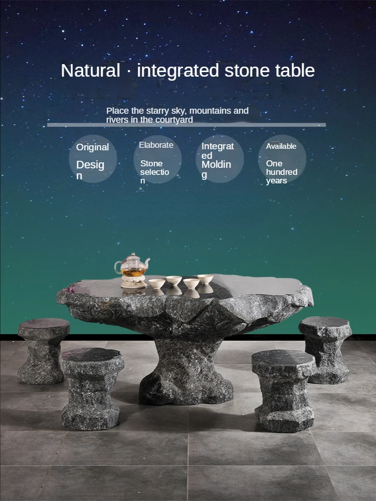 Outdoor Set of Hollow Granite Tea Table Garden Landscape Natural Stone Chair