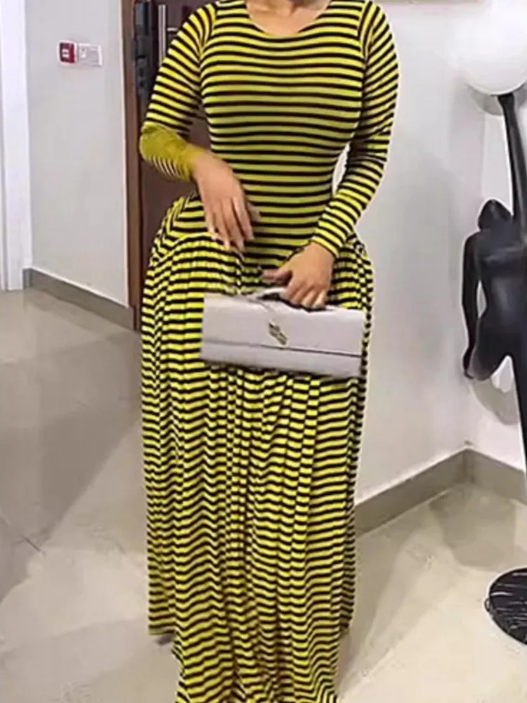 Robe longue rayée jaune et noire pour femme, manches longues, col rond, corsage ajusté, jupe plissée, tenue élégante décontractée rétro pour le quotidien
