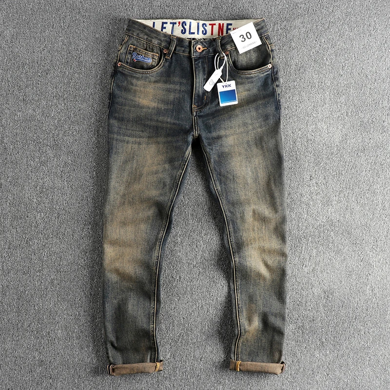 

Trend retro yellow mud wash to do old jeans men fit small straight leg autumn new long pants