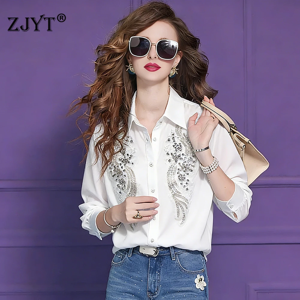 

ZJYT 2026 Весенние блузки и рубашки с бисером для женщин, белые свободные блузы в корейском стиле, повседневные офисные топы, черные