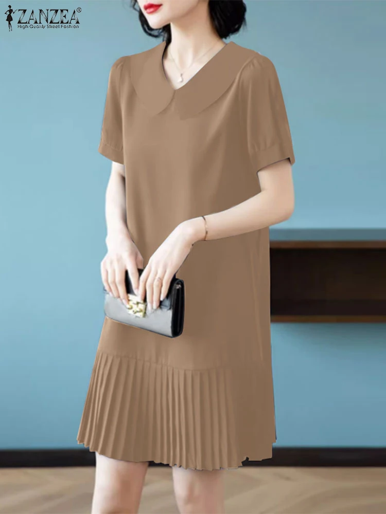 ZANZEA เกาหลีแฟชั่นจีบ Hem ชุดมินิลําลอง Peter-pan COLLAR ผู้หญิงชุดเดรสพัฟแขนสั้น Vestidos