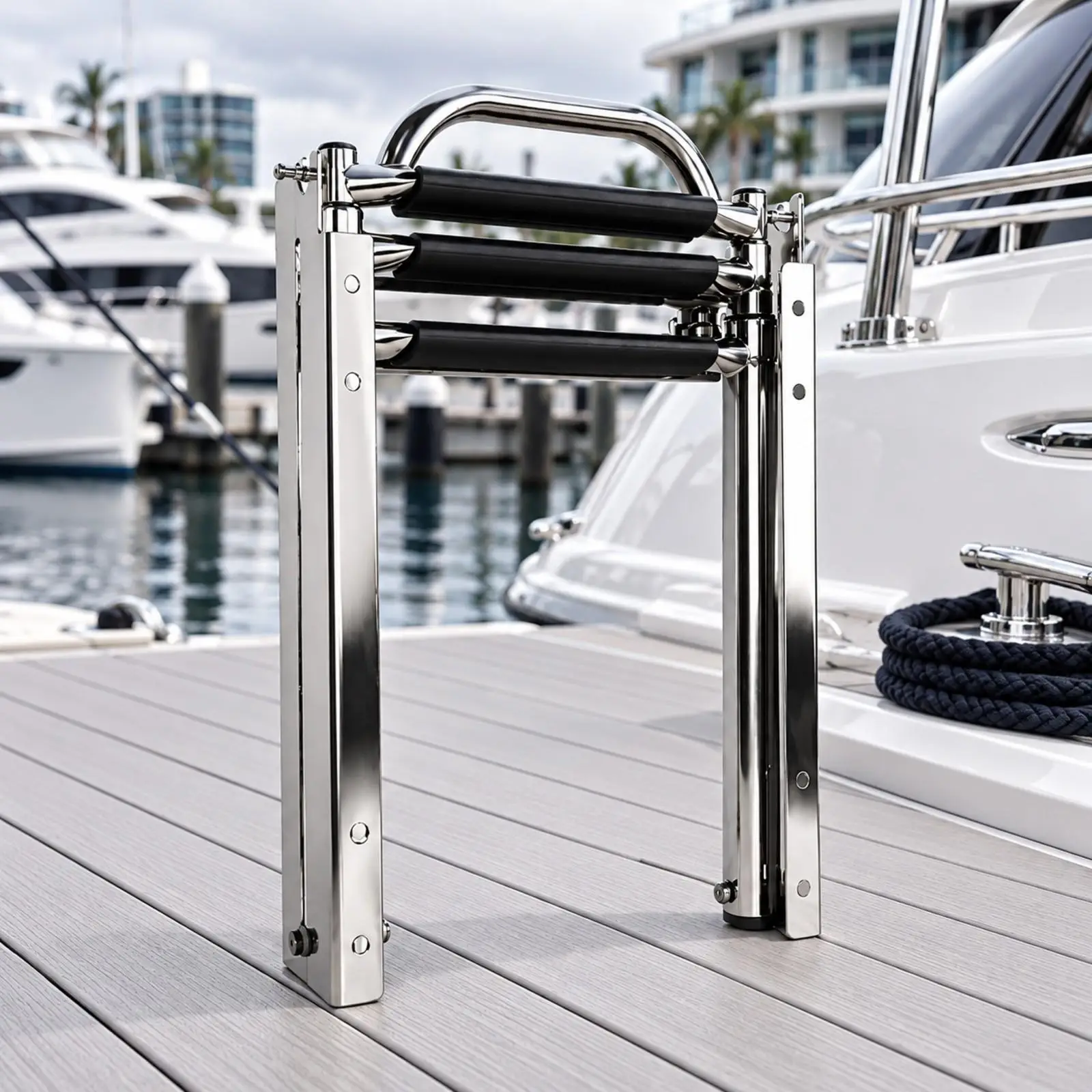 Foldable Yacht Boarding Ladder Stainless Steel Marine Swim Ladder with Non Slip Steps for Boat Dock Access