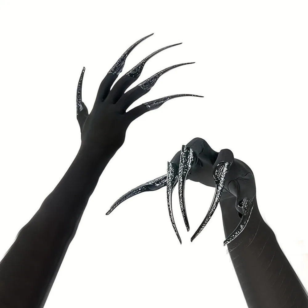 Black Color Long Nails Gloves Stretch Elastic Detachable Claw Nails Cosplay Gloves Polyester Material Finger Nails Design