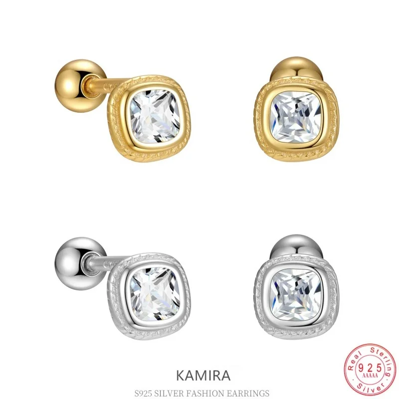 KAMIRA 925 Sterling Silver Square Zircon Cartilage Stud Earrings Women Screw Back Piercing Earring Ear Bone Piercing Jewelry