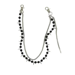 Dark punk style double layered jeans chain design with beaded spikes, tassel waist chain, niche bag chain