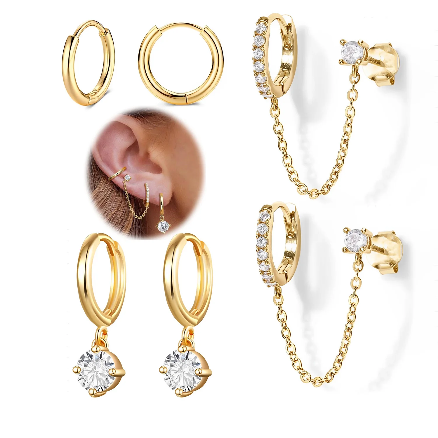 Drperfect 3Pairs Earrings Set for Women Multiple Piercing 14K Gold Plated Small Hoop Stack Cartilage Earrings for Sensitive Ear