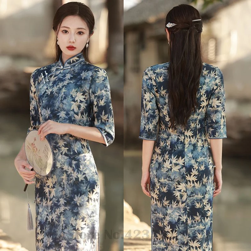 

2023 Autumn New Blue Maple Leaf Printed Women's Qipao Elegant Classical Style Long Cheongsam Traditional Chinese Party Dresses