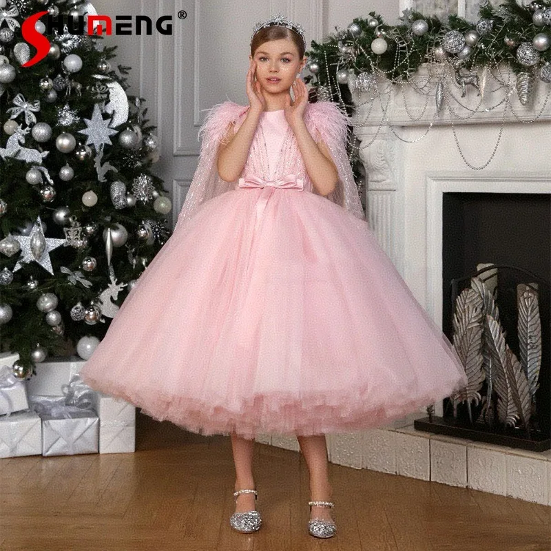 Feather Girls' European and American Dress Spring New Fashionable Fashion Style Dress Children's Pink Color Sweet Mesh Dress