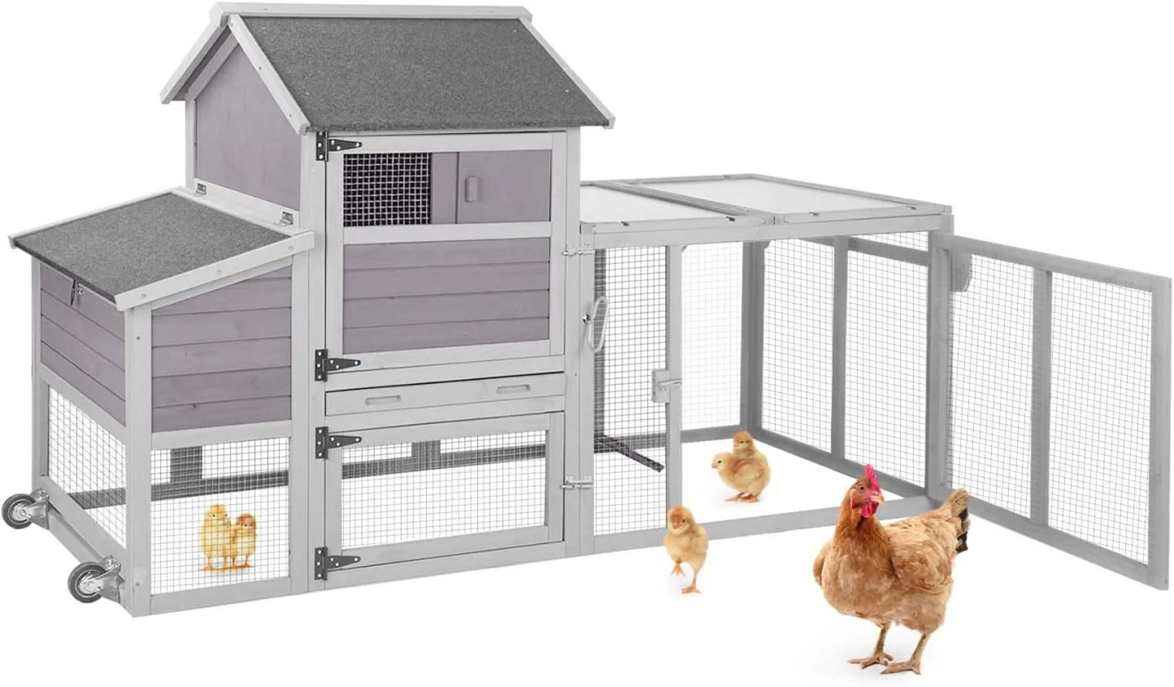 Chicken Coop with Wheels Outdoor Wooden Poultry Cage with Run Mobile Rabbit Hutch Guinea Pig Cage with UV Protection