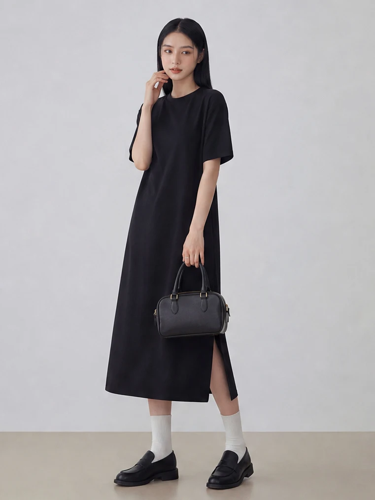 Simple Style Black Short Sleeve Dress Women Summer round Neck Straight H-Line Loose Feeling Mid-Length T-Shirt Dress