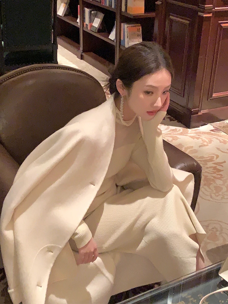 

Женское шерстяное пальто средней длины Ele, бежевое, с воротником-стойкой, на пуговицах, с длинными рукавами, для деловых женщин, однотонное, осень-зима