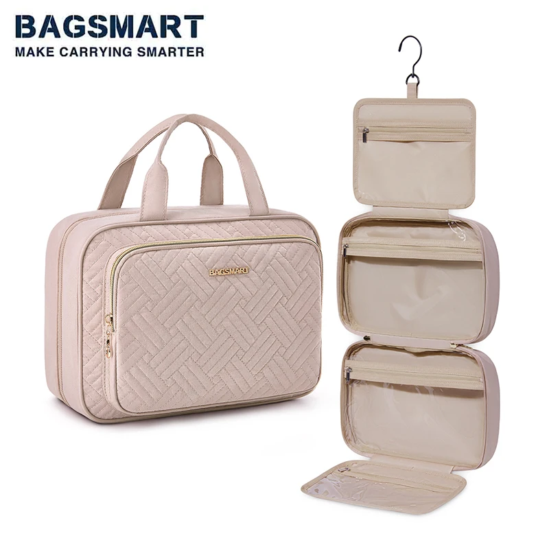 BAGSMART Hanging Toiletry Bag Travel Makeup Organizer borsa per cosmetici borsa per il trucco per articoli da toeletta a grandezza naturale