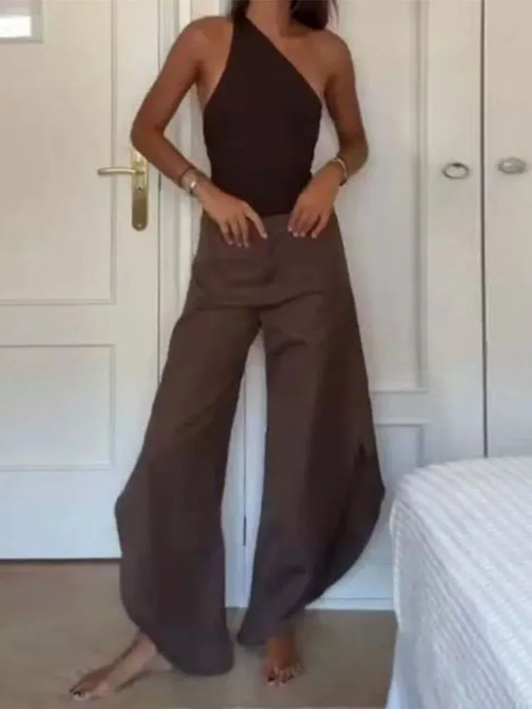 Moda oco sem mangas feminino 2 peça conjunto casual irregular sólido outfit sexy slant neck sem mangas topo e calças de perna larga terno