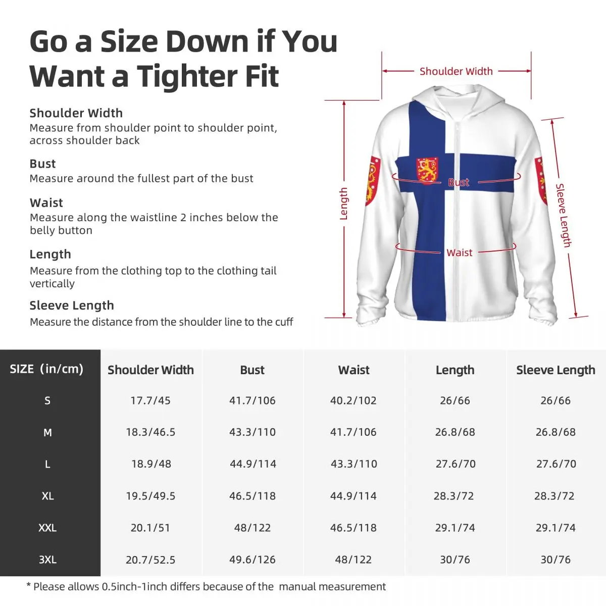 Finland Vlag Polyester Hoodie Zonnebrandcrème Zonbescherming Vissen Hardloopkleding Sneldrogend Prestaties Lange mouw met ritssluiting