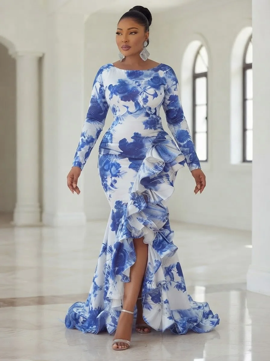 Floral Print Mermaid Maxi Dress Boat Neck Long Sleeve Ruffle Slit Formal Gown Wedding Guest Elegant Women Plus Size Dress view 5