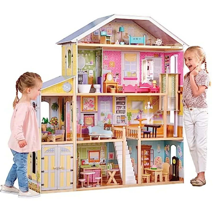 

Wooden Dollhouse with 34-Piece Accessories, Working Elevator and Garage, Gift for Ages 3+