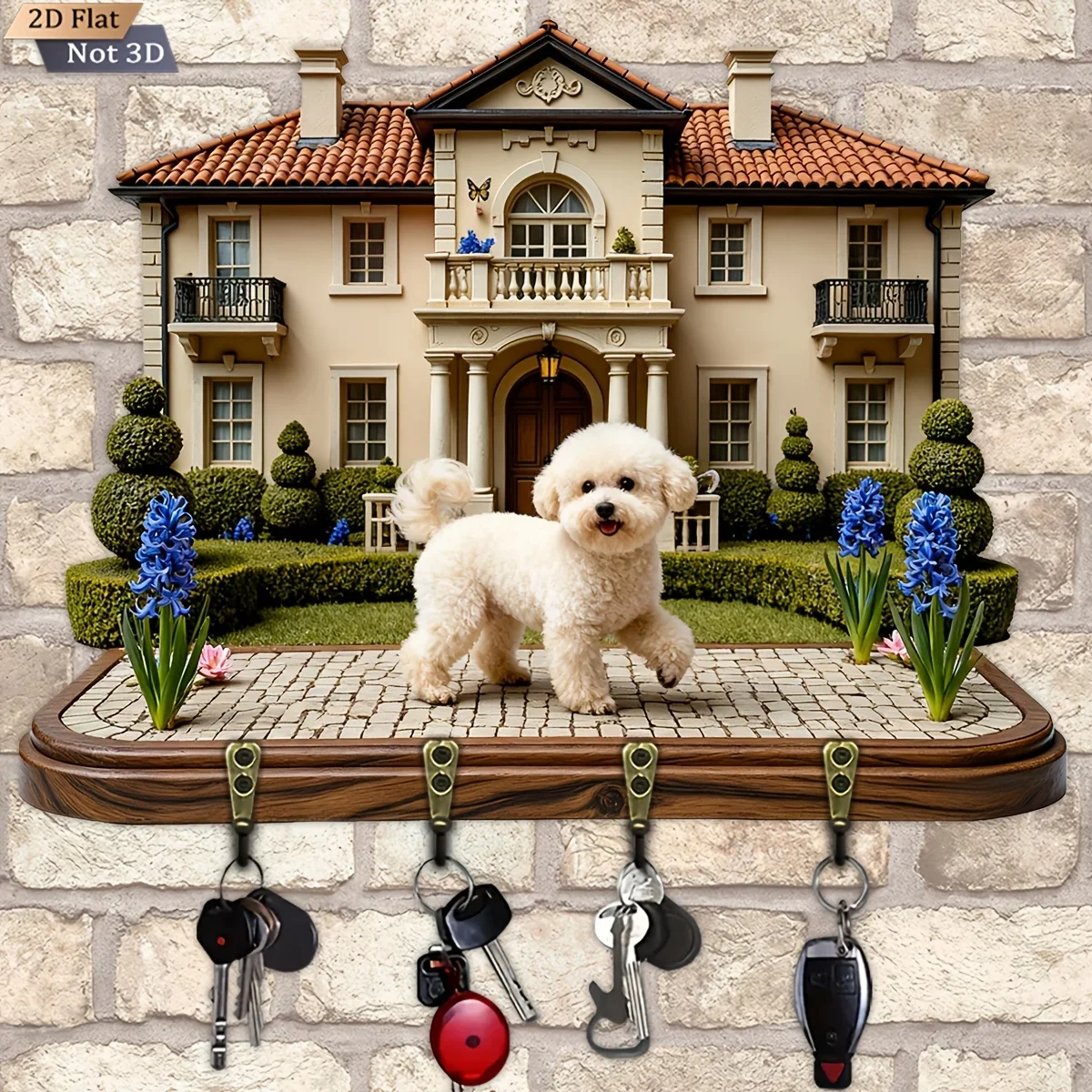 2D Flat, 1pc, dog-shaped key hook, wooden multifunctional home key rack, with four metal hooks, wall decoration, porch