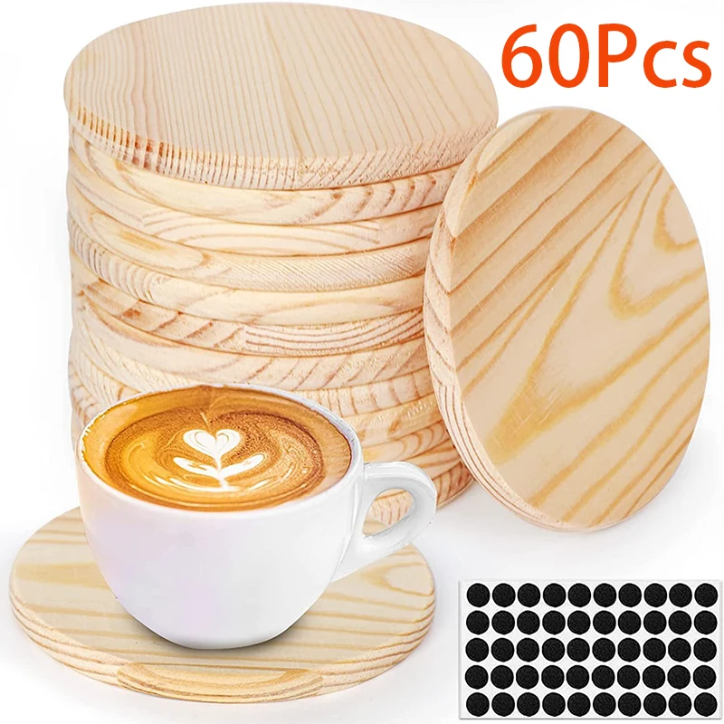 60Pcs Unfinished Wood Coasters 4 Inch Round Blank Wooden Coasters with Non-Slip Silicon Dots for DIY Stained Painting