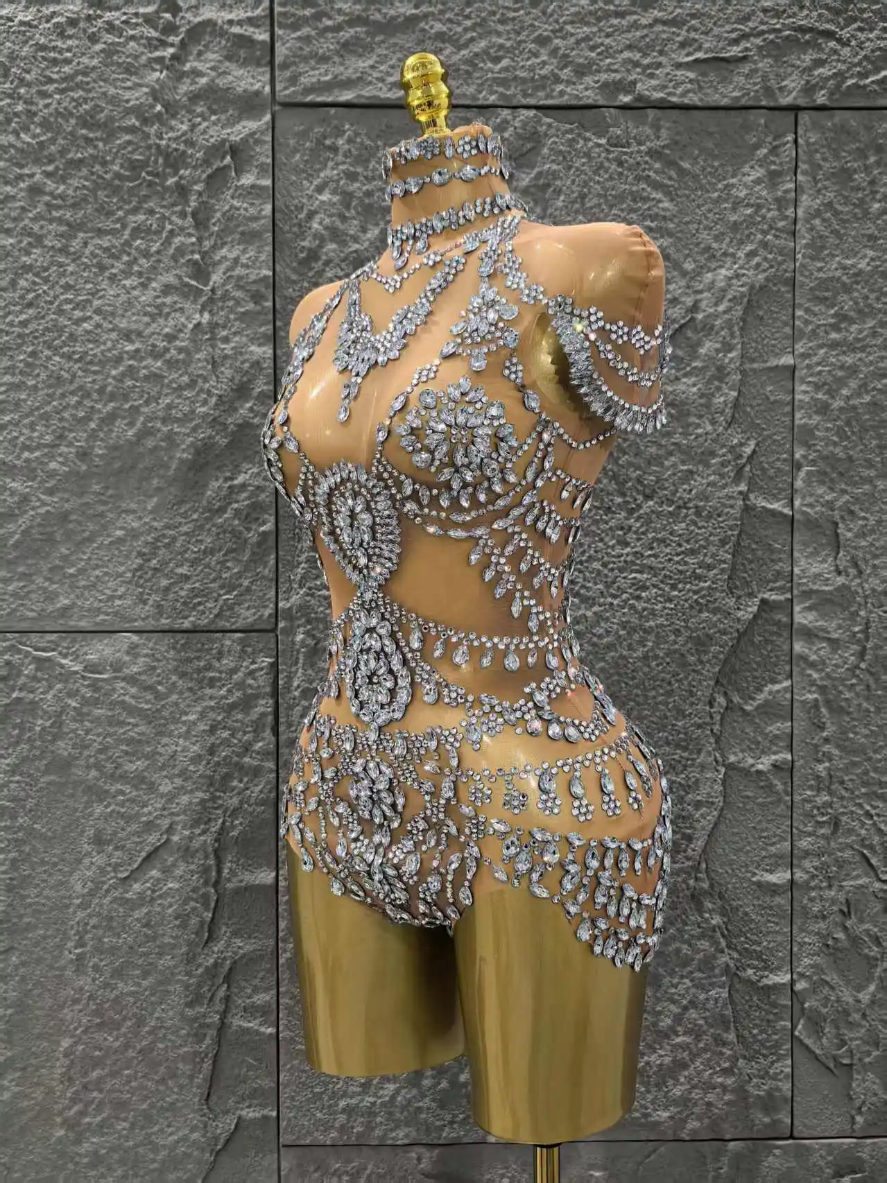 Body ajustado transparente de malla Sexy de cristal brillante para mujer, traje de actuación de cantante para fiesta en club nocturno, ropa de escenario