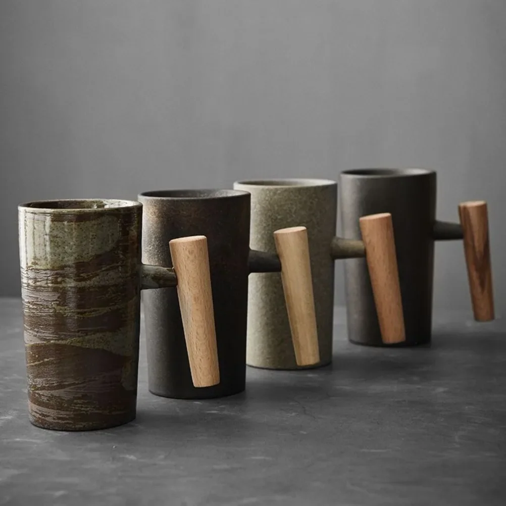 Japanese Style Creative Mug Retro Coffee Cup Household Wooden Handle Water Cups Manual Ceramics & Pottery Mothers Day Gift