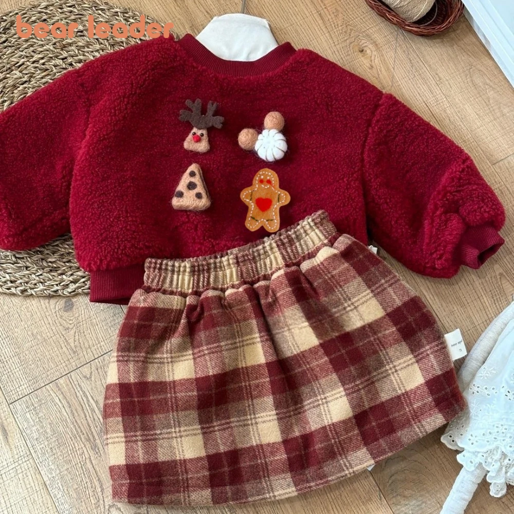 

Bear Leader Autumn/Winter Girls Christmas Outfi Red New Year's Kids Clothing Cartoon Printed Top+Plaid Skirt Warm 2 Piece Set