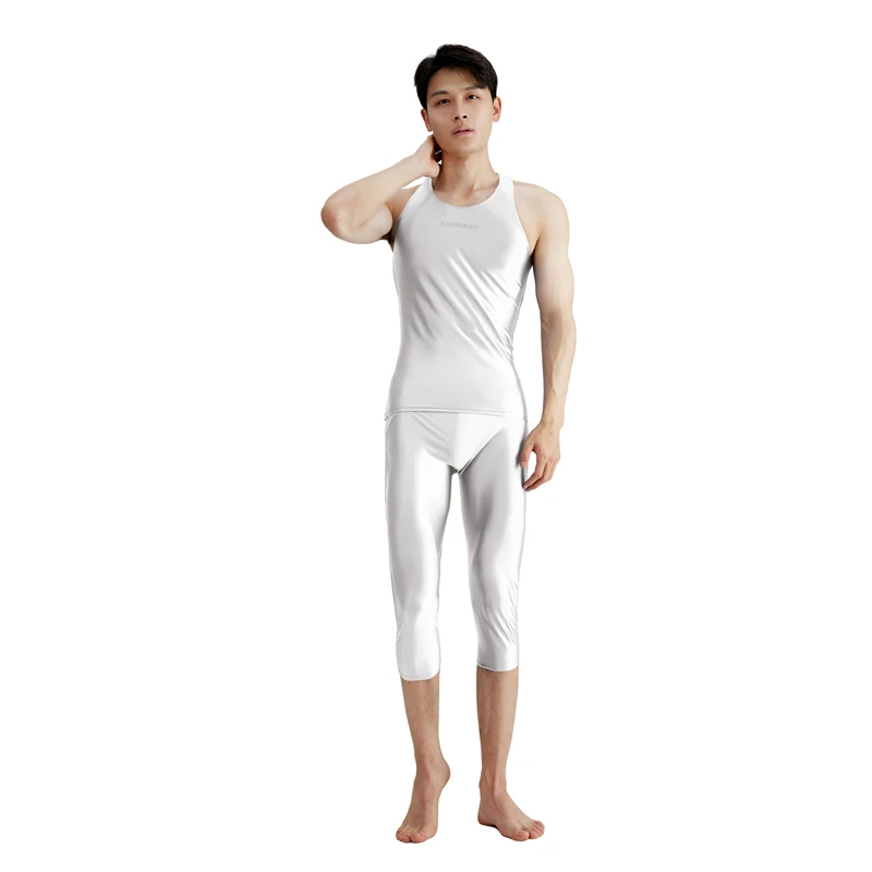 AMORESY Summer Men Shiny Glossy Spandex Sports Sleeveless Tights Vest Breathable Smooth Pullover Running Fitness Tops Undershirt