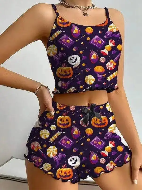 Pure Desire Casaul Elegant Style Shorts Sets Cute Printed Backless Deep V Suspenders Sleeveless Bowknot Shorts Sets Elegant UADH