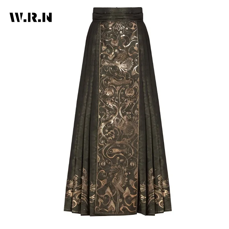 2024 Autumn Luxury Vintage Print Elegant Mid Long Skirts Women's Retro Style Black High Waist Slim Fit Sexy Pleated Skirt