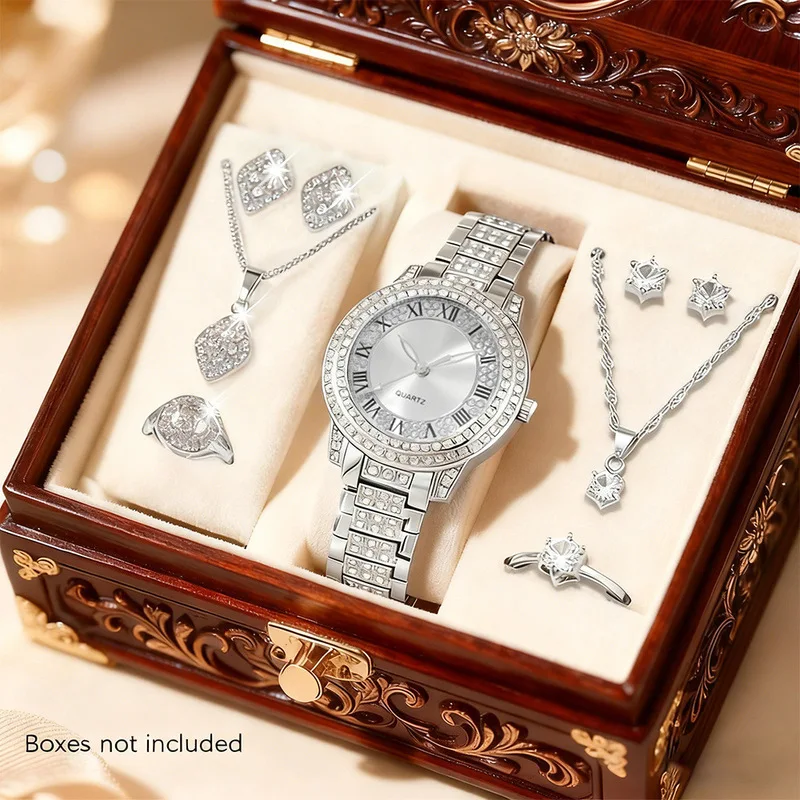 Women Quartz Watch Set with Diamond Studded Accessories Digital Wristwatch Necklace Luxury Female Watches Unique Girl Watch Gift