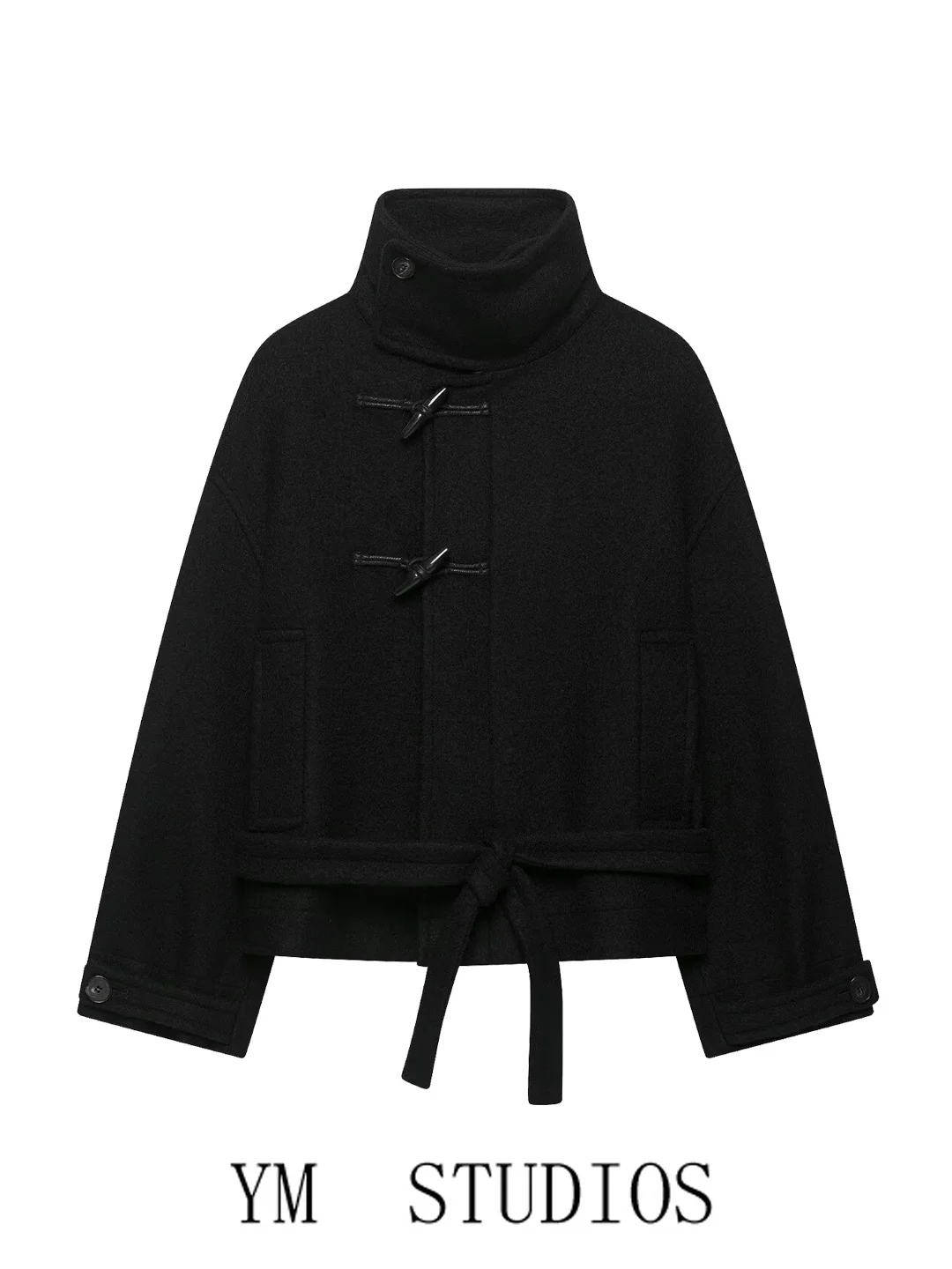Women's Black Stand Collar Belted Buttoned Woolen Short Coat Versatile Shoulder Shape Large Coat Autumn Fashion Long Sleeve