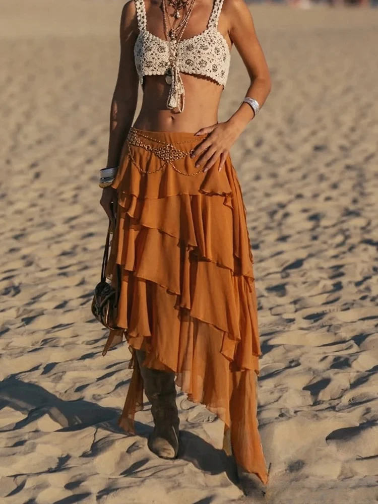 

KONDALA Holiday Sexy Chic Women Skirt Solid Tierred Asymmetrical Zipper Long Skirt New Fashion 2025 Autumn Party Female Skirt