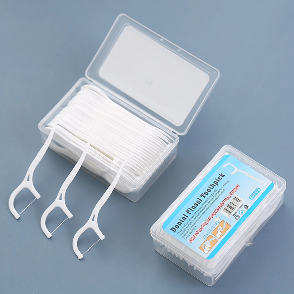 50 Stks/doos Dental Floss Wegwerp Ronde Draad Tandheelkundige Flosser Rager Mondhygiëne Pick Stok Tanden Reinigen Tandenstoker