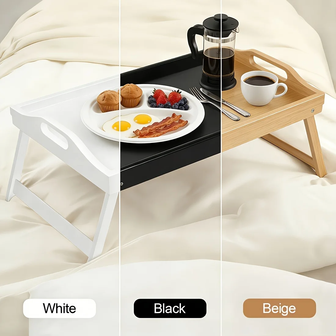 

usBamboo Bed Tray Table with Foldable Legs - Breakfast Trays with Handles, Ideal for Eating, Working, Or Snacking - Durable And Stylish, Available In White, Black, Beige, And Brown, 1/2pcsd