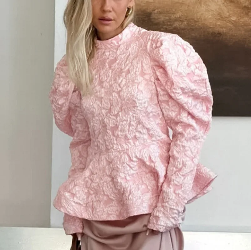 Lemongor feminino cor sólida texturizado jacquard peplum topos 2026 nova primavera puff mangas fino ajuste elegante festa zíper blusas