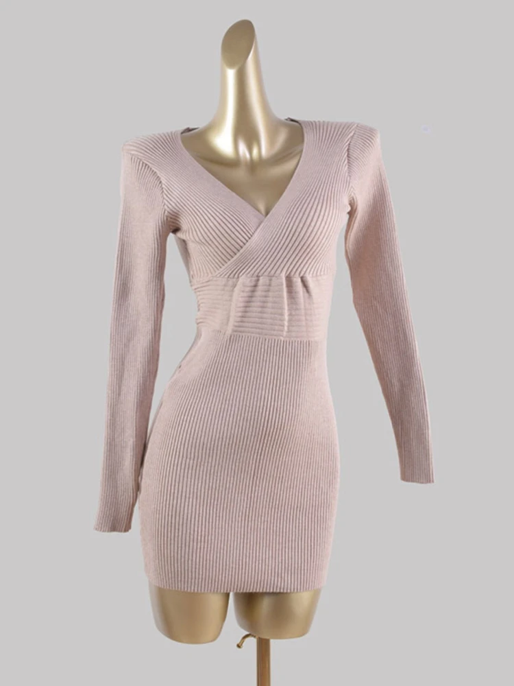 Sexy Elegant Dress Women Autumn Deep V Neck Long Sleeve Slim Fit Bodycon High Waist Mini Retro Chic Hot Party Club Chic Outfit