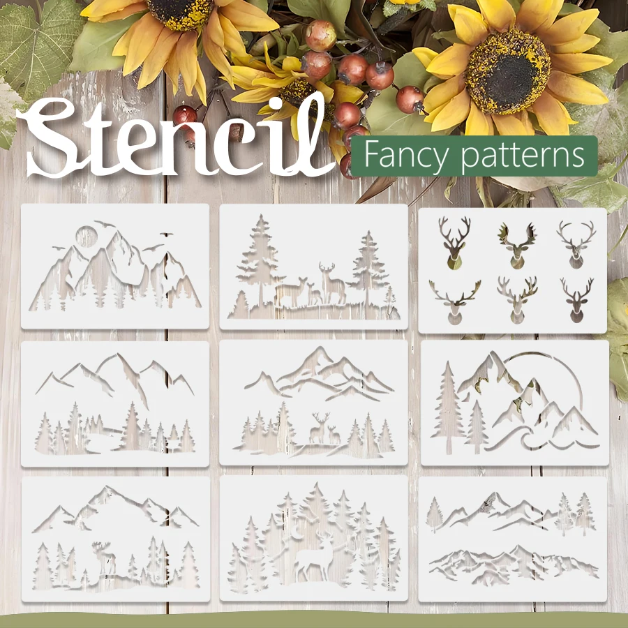 12 قطعة A4 8.2 × 11.7 بوصة الغابات الجبلية الغزلان Stencil مجموعة قوالب اللوحة القابلة لإعادة الاستخدام DIY بها بنفسك جدار الخشب النسيج حمل حقيبة ورقة رحلة