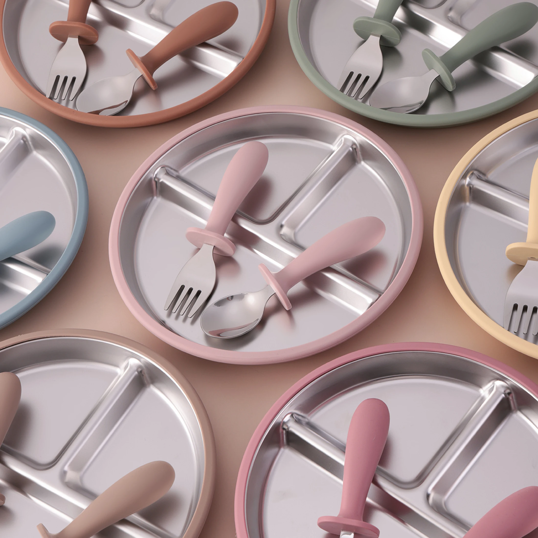 

3PCS Silicone Stainless Steel Feeding Kit Toddler Sucker Feeding Dishes Plate Infant Self Feeding Training BPA Free Fork Spoon