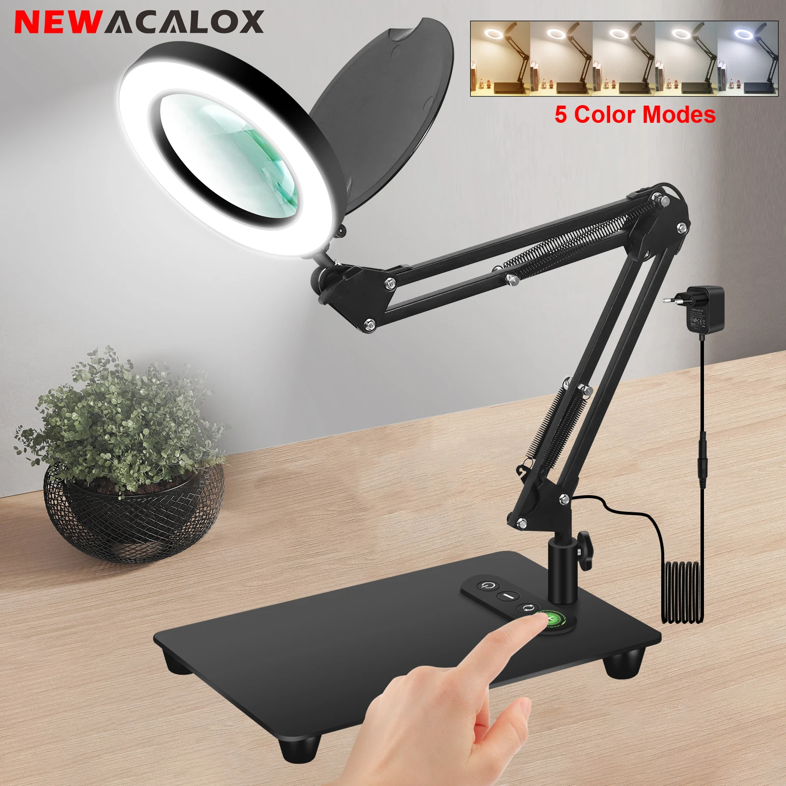 

5X Magnifying Glass with Light and Stand LED Lighted Magnifier Large Base 5 Color Stepless Dimming Magnifying Lamp for Painting