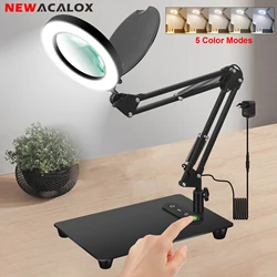 5X Magnifying Glass with Light and Stand LED Lighted Magnifier Large Base 5 Color Stepless Dimming Magnifying Lamp for Painting