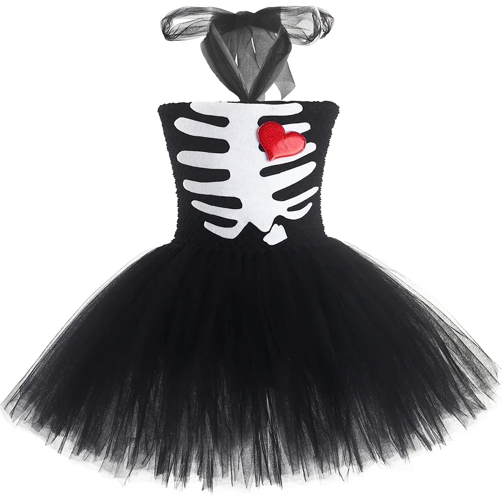 Skeleton Ghost Corpse Bride Costume for Girls Black Scary Halloween Tutu Dress Baby Kids Day of The Dead Carnival Party Dress Up