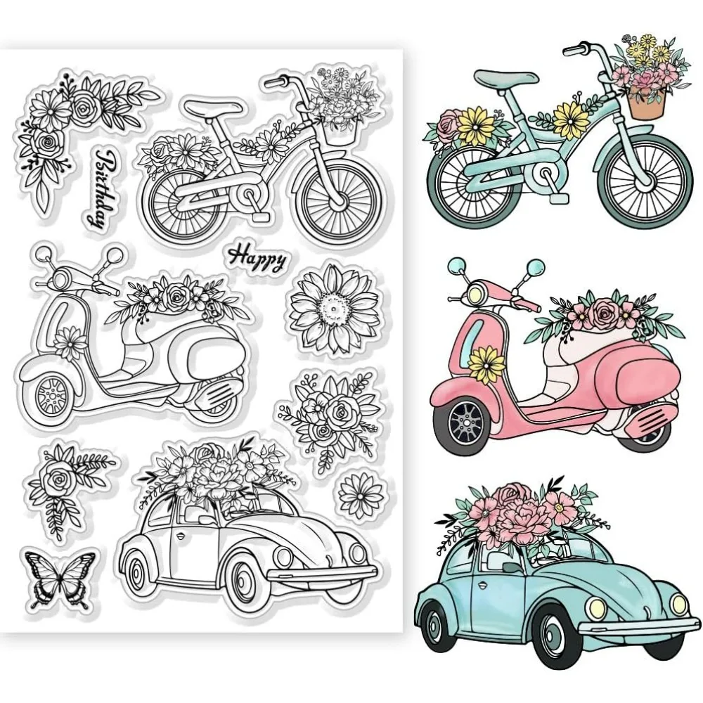 Bicycle and Flower Clear Stamps for DIY Scrapbooking Motorcycle Bike Silicone Clear Stamp Seals Transparent Stamps for Cards