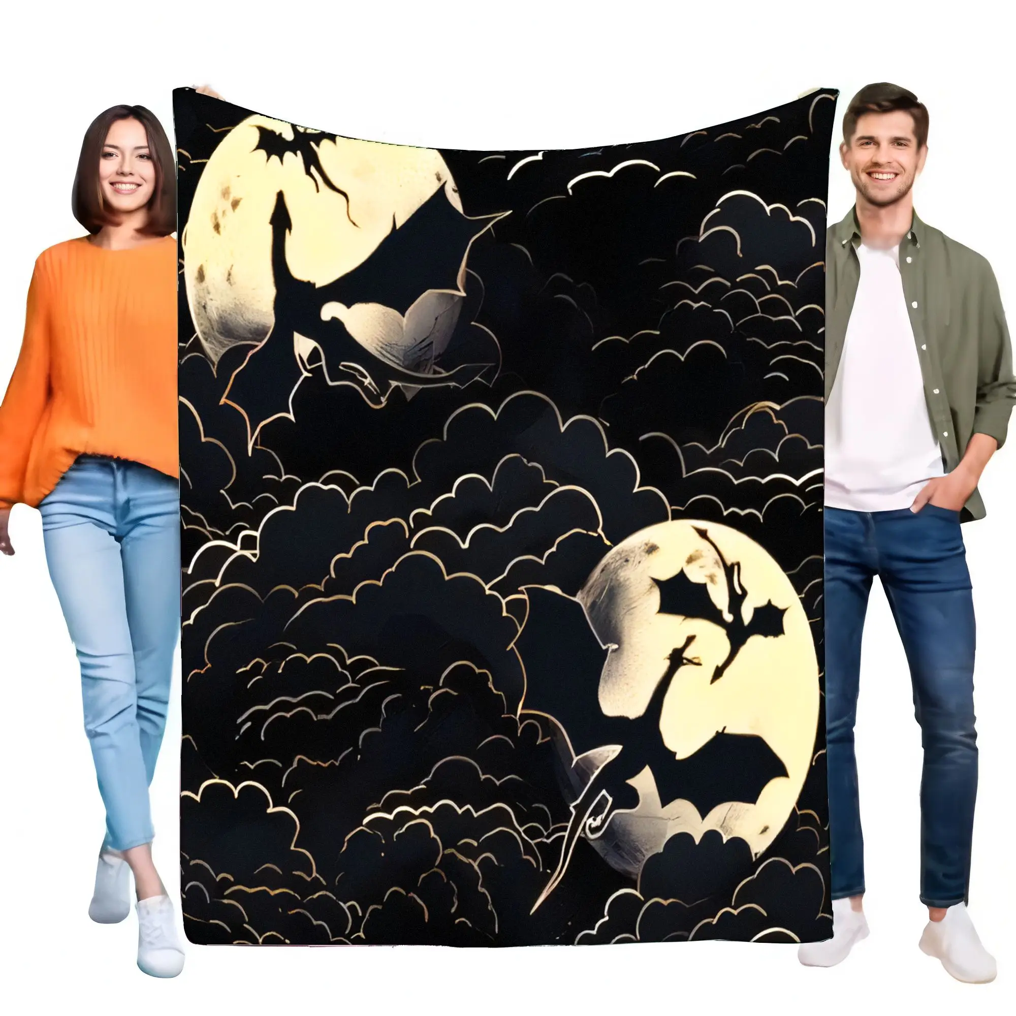 Mystical Golden Dragon Moon Night Sky Blanket Ultra Soft Cozy Flannel Plush Throw Bed Sofa Couch Fantasy Home Decor Gift Adults