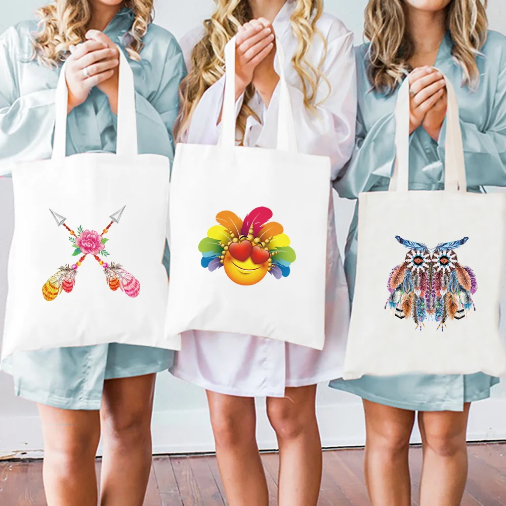 Women Tote Shopping Bags Fashion Canvas Bags  Shoulder Bag Eco Reusable Handbag Feather Print Travel Shopper Sundries Cloth Bags