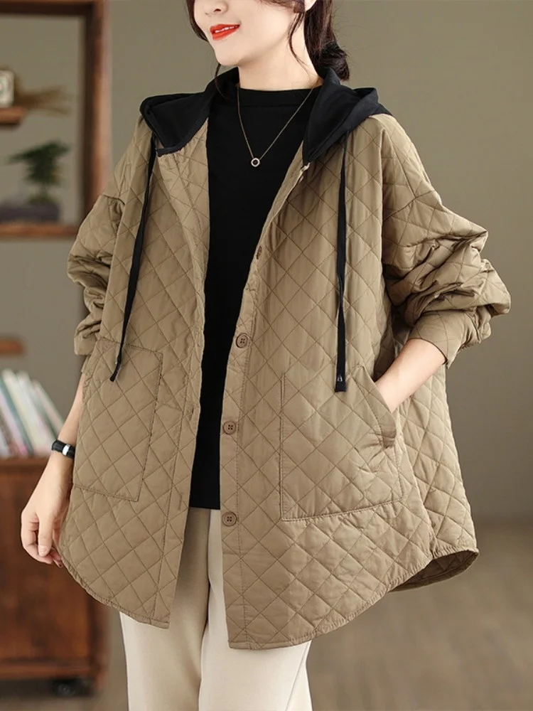 Fashionable Quilted Hooded Jacket Women's Autumn Winter Lightweight Cotton Clothing Large Size Meat Concealing Color Block